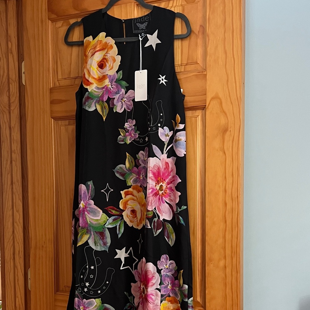 Johnny Was Jade Black Midi Dress with Colorful Floral Accents